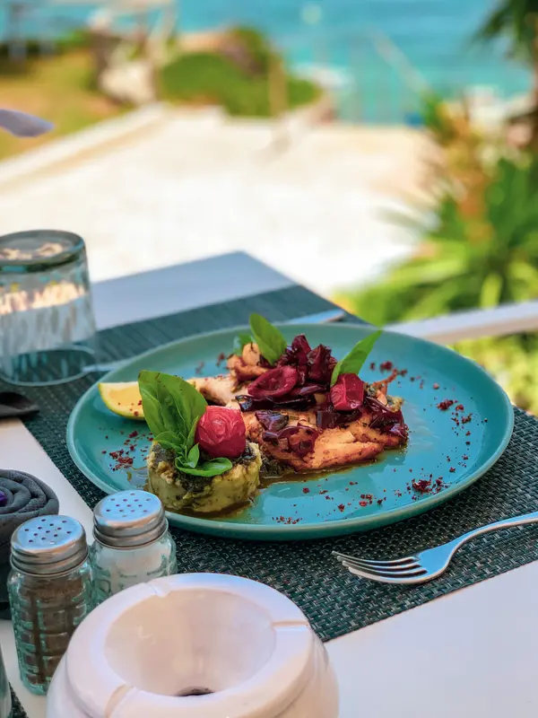Gourmet dish on a turquoise plate with sea view in the background — Aziz Stiti food photography