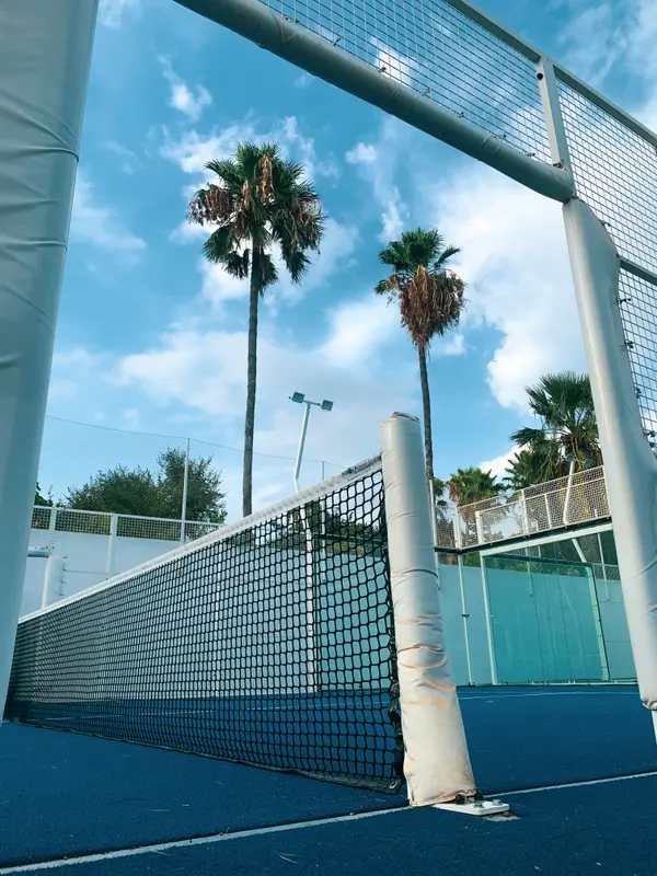 Padel court net with palm trees and blue sky at Le Sultan Hammamet — Aziz Stiti