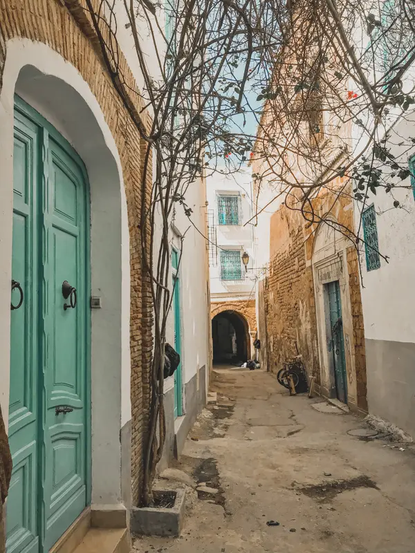 Charming narrow street with green arched door in Tunis Medina — Aziz Stiti travel photography